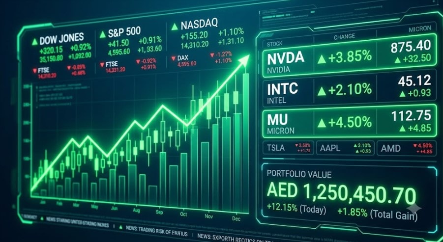 شاشة تداول رقمية خضراء تعرض أرقاماً حمراء وخضراء لمؤشرات داو جونز وإس آند بي 500 وناسداك مع أسهم إنفيديا وإنتل ومايكرون تكنولوجي مرتفعة بنسب مئوية