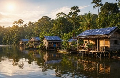 ألواح شمسية مثبتة في قرية نهرية داخل غابات الأمازون مع إضاءة طبيعية تعكس تحول الطاقة في المنطقة