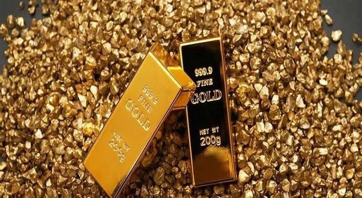 سبائك من الذهب الخالص موضوعة فوق حبيبات ذهبية. 