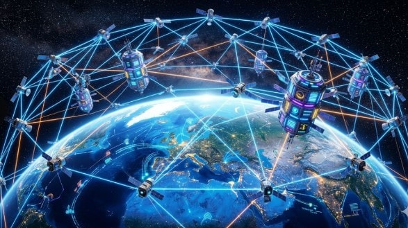 مجموعة أقمار صناعية تدور حول الأرض متصلة بروابط ليزرية، مع خوادم بيانات مضيئة داخل المدار، وخلفية للفضاء والكوكب تظهر عليه إشارات رقمية