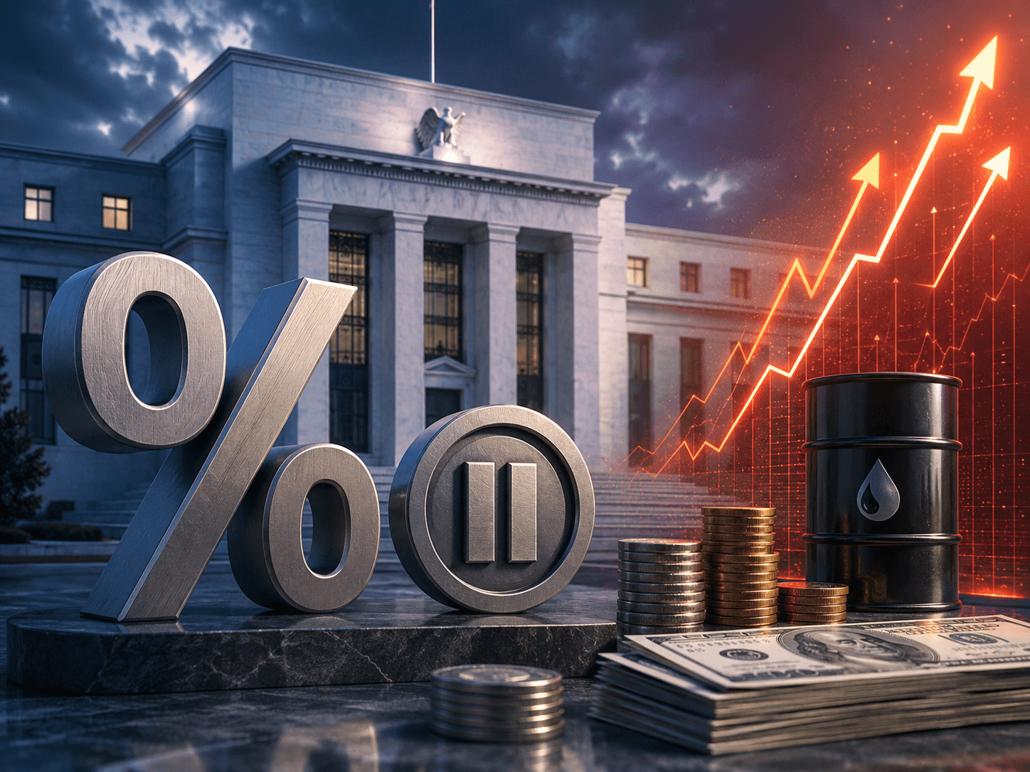 مبنى الاحتياطي الفيدرالي مع رمز الفائدة والدولار ومؤشرات ارتفاع الأسعار