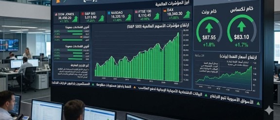 شاشة تداول عالمية تُظهر ارتفاع مؤشرات الأسهم وأسعار النفط