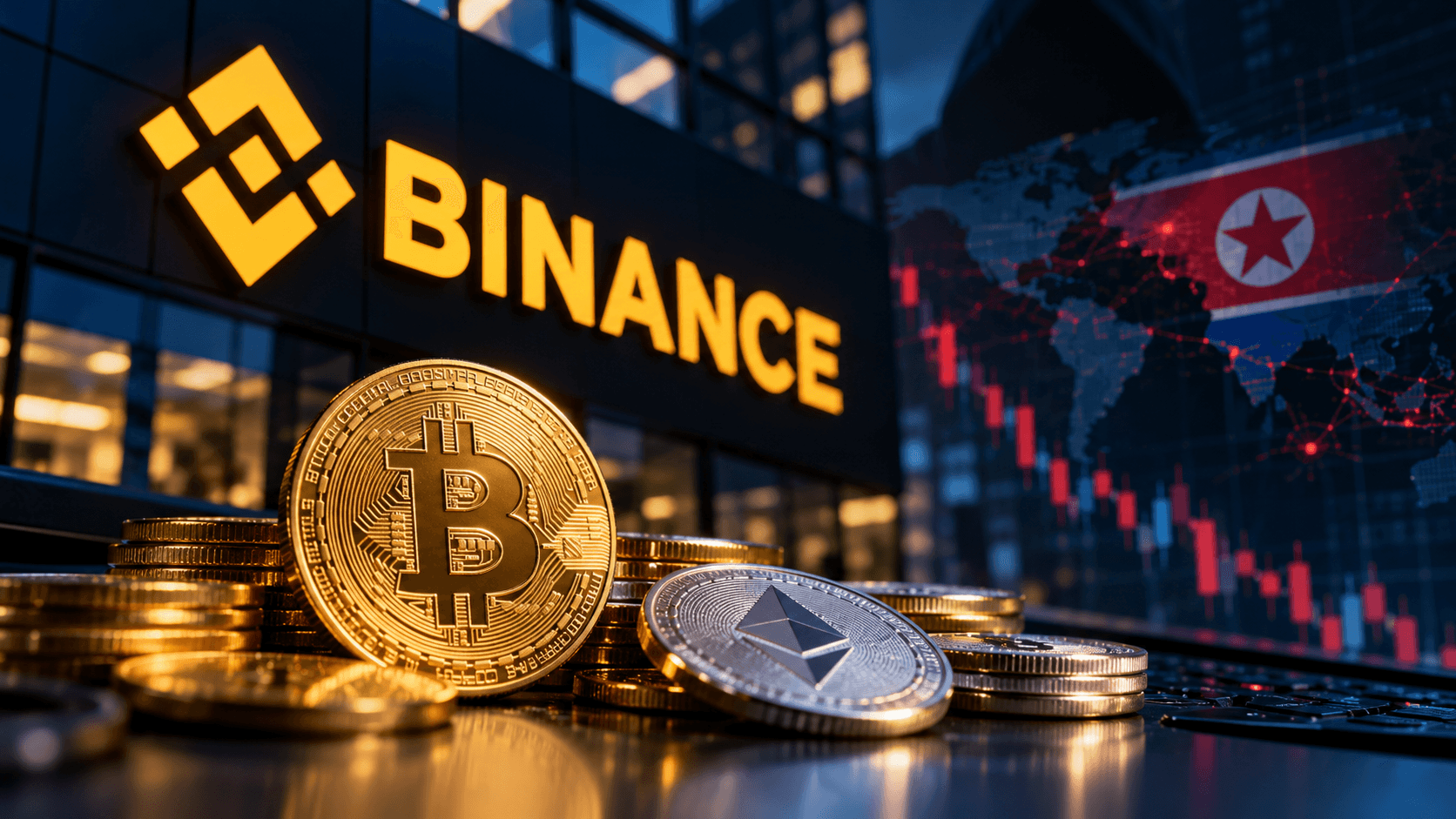 AI-generated illustration featuring the Binance logo, Bitcoin and Ethereum coins, a declining cryptocurrency market chart, and a North Korean flag representing the reported cyberattack.