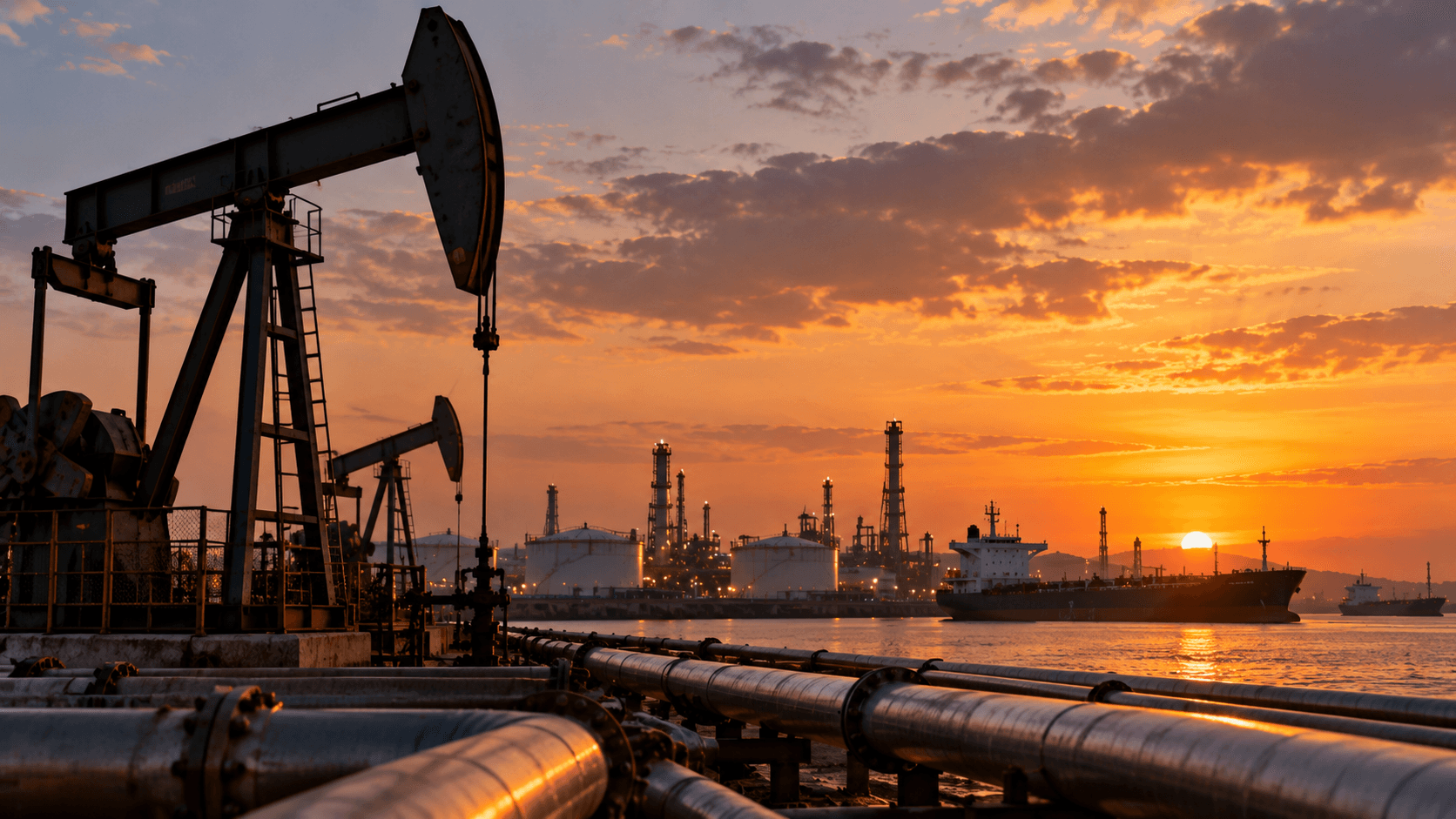 AI-generated illustration of oil pumpjacks, pipelines, refinery facilities, and oil tankers at sunset, representing rising oil prices and concerns over global energy supplies.