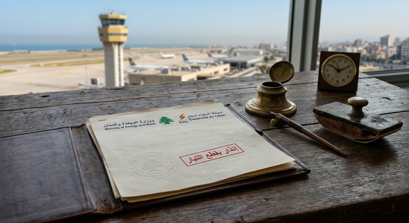 An office desk overlooking an airport control tower, featuring official electricity utility documents, an inkwell, and a clock.