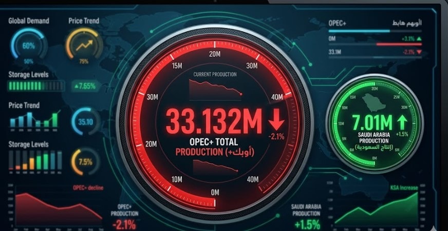  لوحة عدادات رقمية وعداد ضخم يظهر إنتاج "أوبك+" الإجمالي "33.132" باللون الأحمر