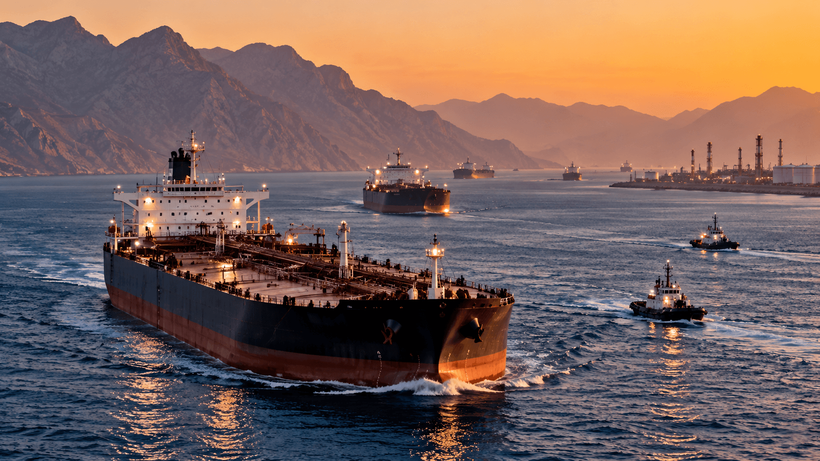 AI-generated illustration of oil tankers and tugboats navigating a narrow waterway at sunset, with mountains and industrial port facilities in the background, representing shipping activity in the Strait of Hormuz.