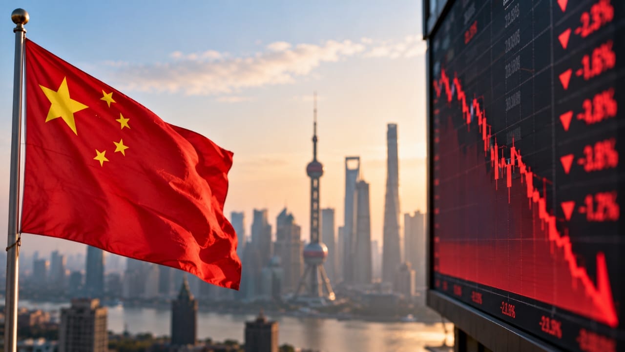 AI-generated illustration of a Chinese flag beside a stock market screen displaying a downward red chart, with Shanghai's skyline in the background, symbolizing the decline in Chinese equities.