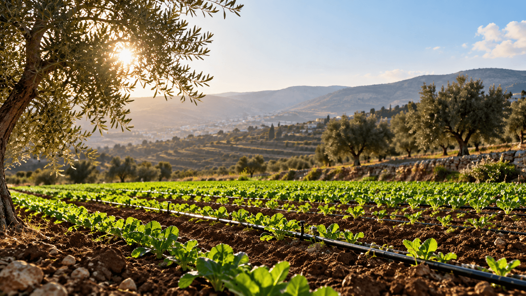 AI-generated illustration of agricultural recovery in southern Lebanon, featuring cultivated fields, olive trees, drip irrigation systems, and rural landscapes.