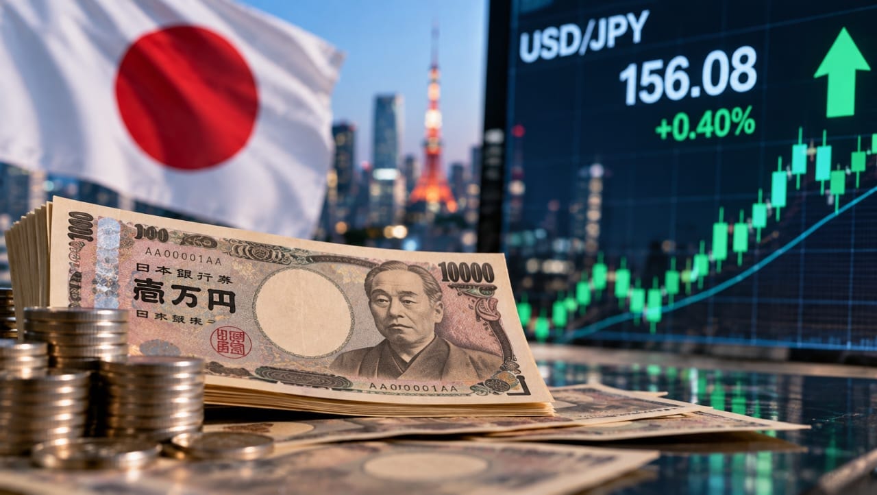 AI-generated illustration of Japanese yen banknotes and coins, with the Japanese flag, Tokyo skyline and a rising financial chart in the background, symbolizing the yen's weekly gains amid global market uncertainty.