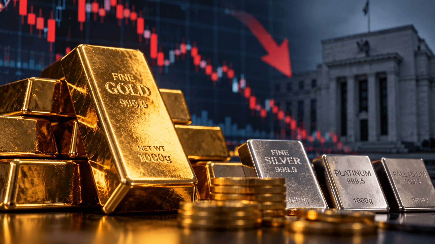 AI-generated illustration of gold, silver, platinum, and palladium bars with a declining financial market chart in the background, representing falling precious metal prices.