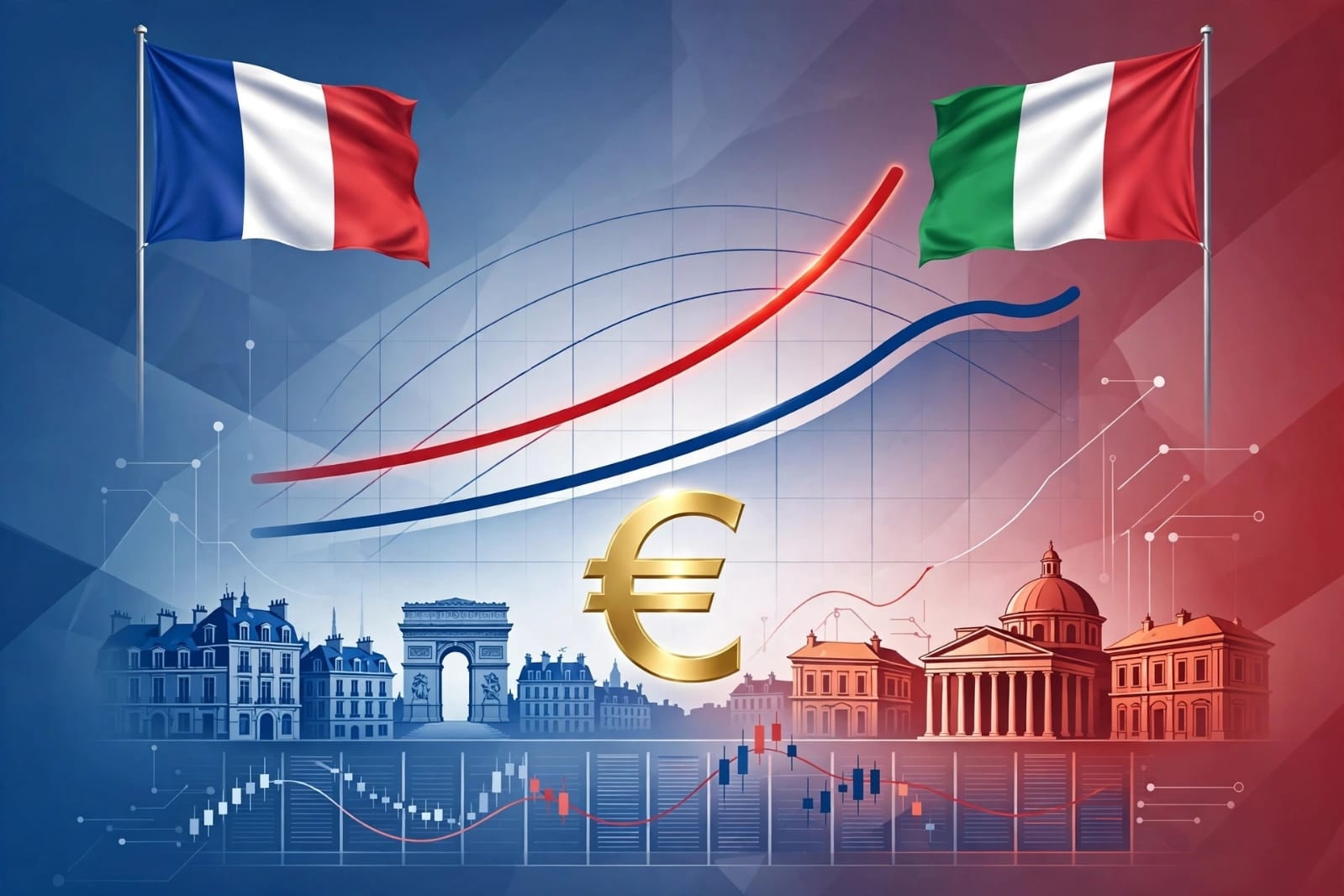 French and Italian flags with diverging bond yield charts and euro symbol