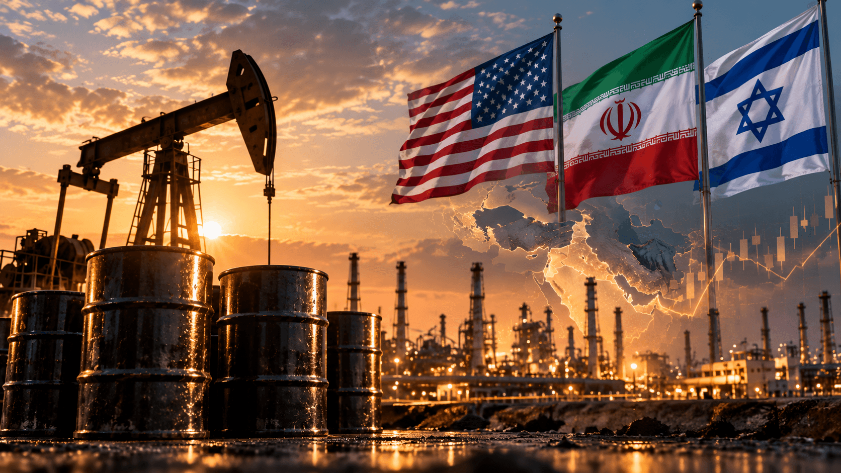 AI-generated illustration of oil barrels, an oil pumpjack, and the flags of the United States, Iran, and Israel, representing the impact of diplomatic developments and geopolitical tensions on global oil prices.