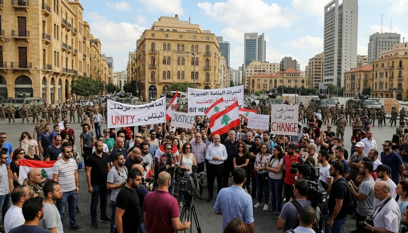 تظاهرة سلمية في شوارع بيروت تجمع بين المواطنين والصحفيين وسط تواجد هادئ ومنظم للجيش. (AI)