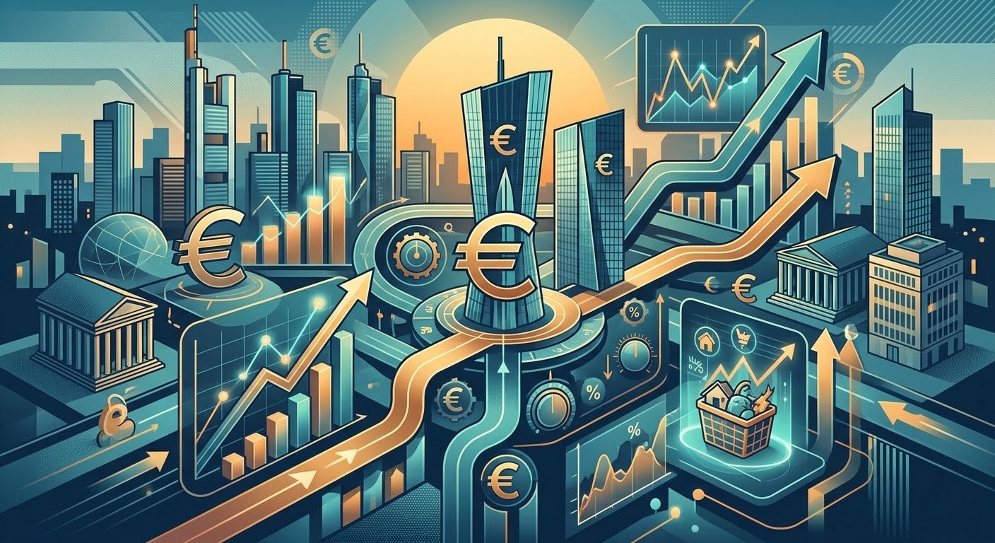 Conceptual 3D financial illustration featuring European Central Bank dynamics with Euro currency symbols, financial stock growth charts, economic percentage dials, and modern city skyscrapers in a futuristic blue and gold theme.