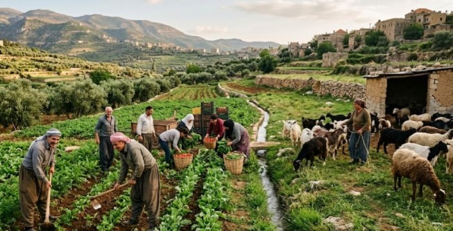 صورة لمزارعين أو مربي ماشية في جنوب لبنان يعملون في الحقول أو تربية الثروة الحيوانية ضمن بيئة ريفية
