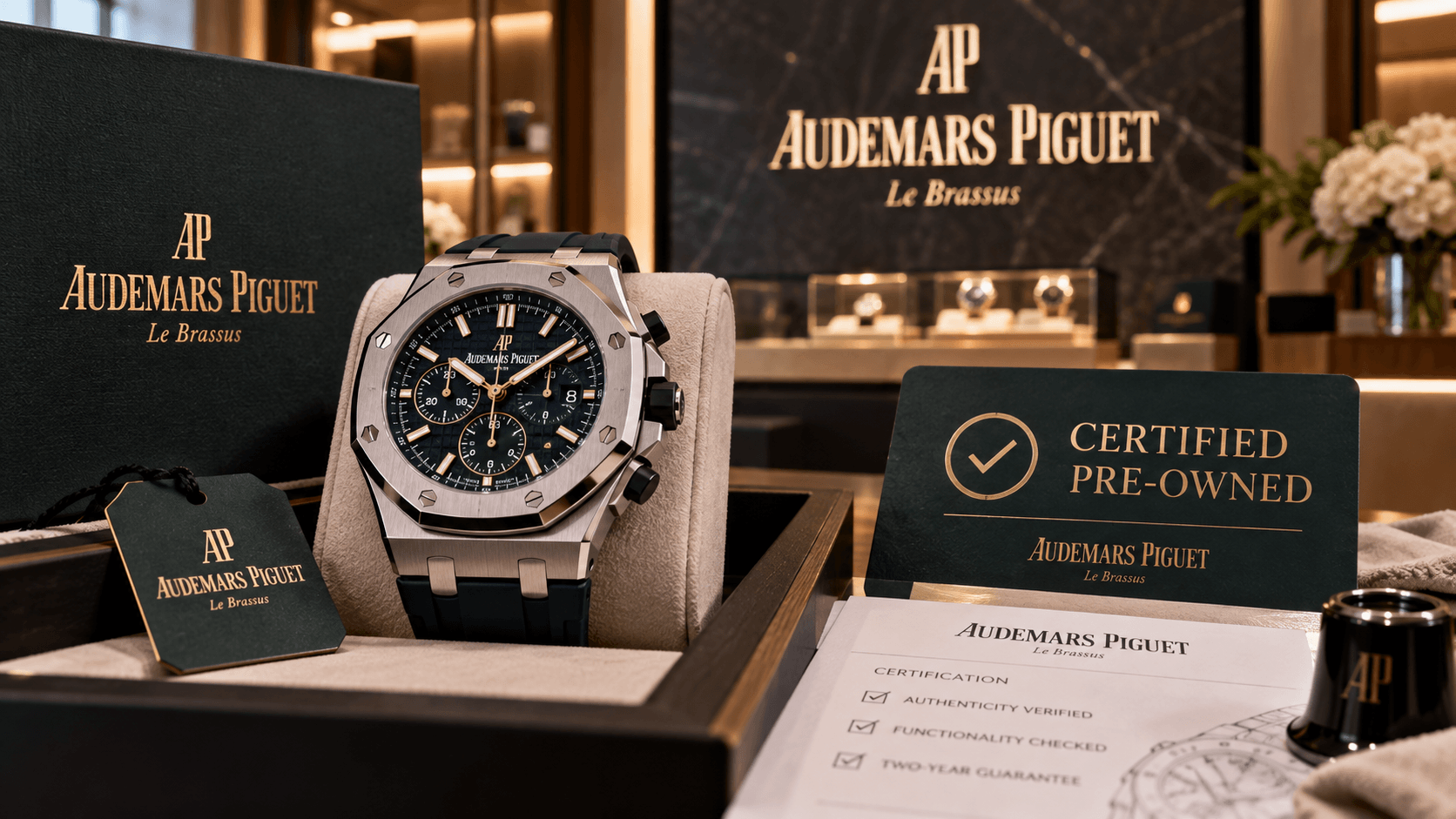AI-generated illustration of an Audemars Piguet luxury watch displayed alongside a certified pre-owned sign and authentication documents, representing the brand's new watch resale certification program.