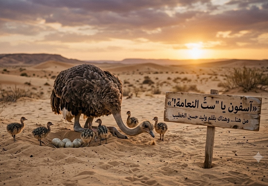 نعامة مع صغارها على الرمال