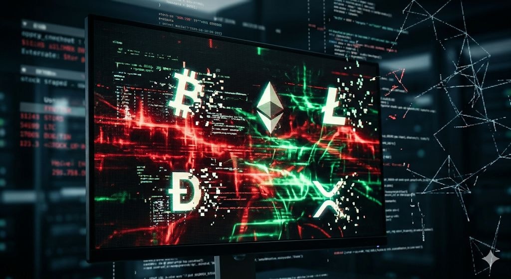 شاشة رقمية مظلمة تعرض رموز عملات رقمية تتفكك، مع طبقات ضوئية حمراء أو خضراء تمثل هجوم سيبراني