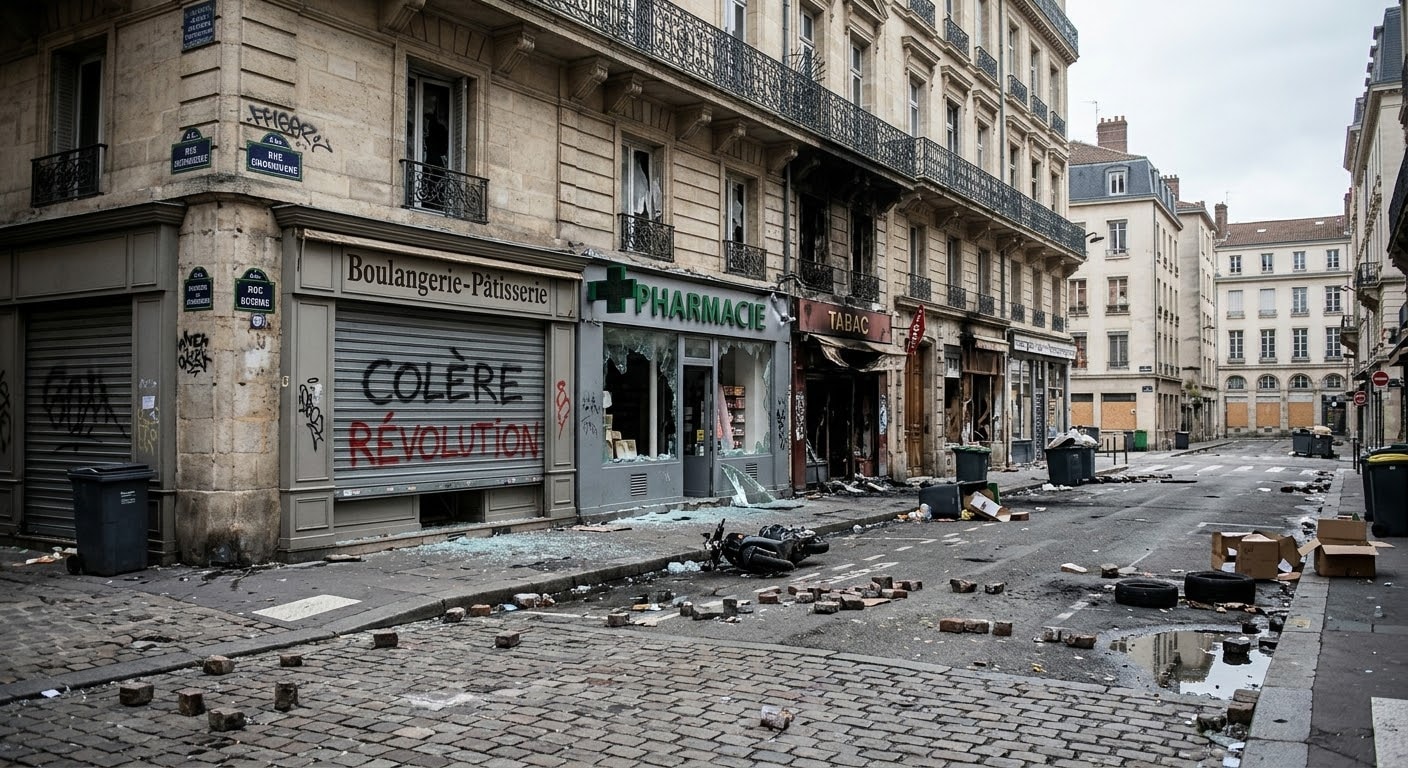 A damaged French city street after riots, showing broken storefront windows and scattered debris on the pavement.