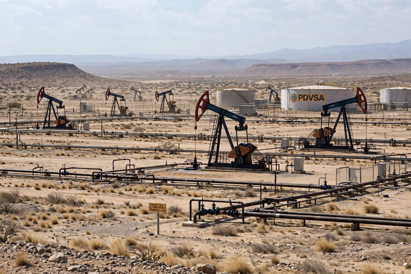Venezuelan interim President Delcy Rodriguez speaks at an oil field with pumpjacks operating in the background, as the country announces a $76 billion investment plan to boost oil production and create thousands of jobs.