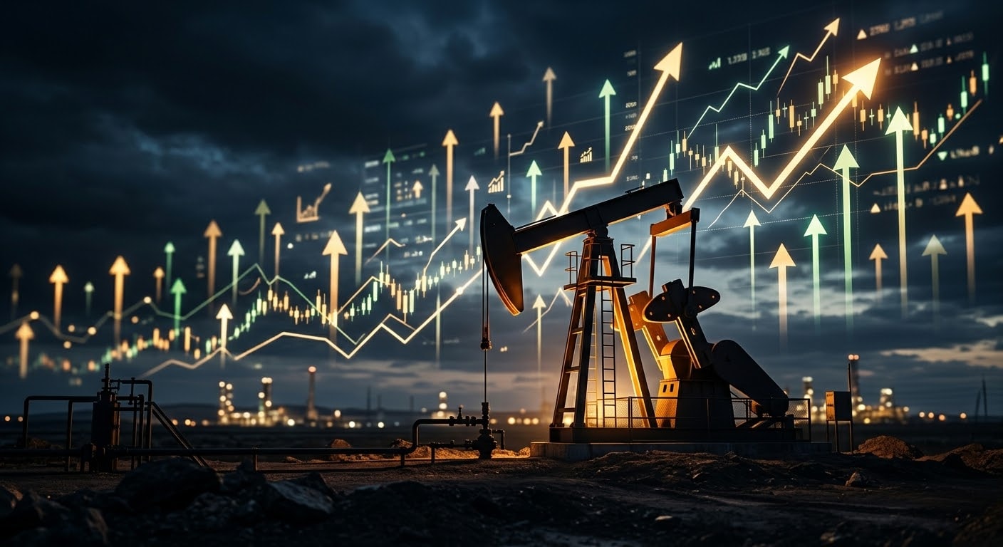 An illuminated oil pump jack operating against a dark industrial skyline, with glowing stock market charts and upward-trending green and yellow arrows in the background.