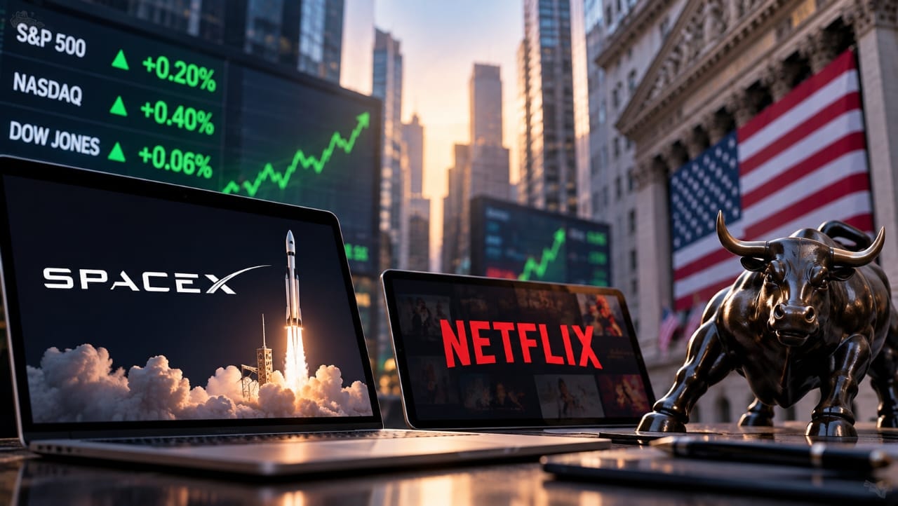 AI-generated illustration of SpaceX and Netflix displayed on screens, with a Wall Street bull statue, US flag and rising stock market charts in the background, symbolizing movements in US stock futures.
