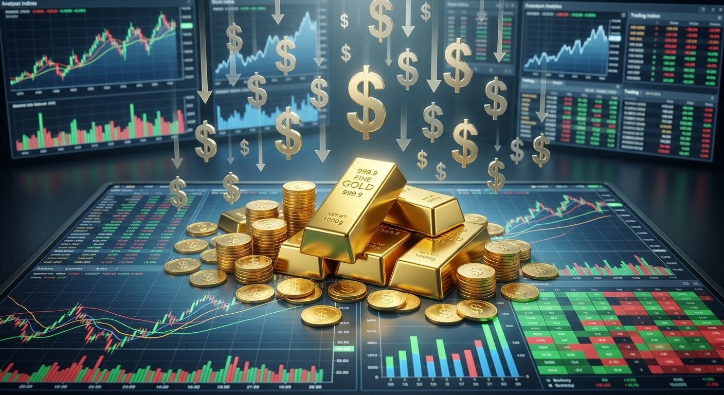Gold bullion bars and shiny coins displayed on a trading desk in front of computer monitors showing stock charts and falling US dollar symbols. 