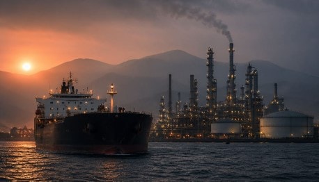 ناقلة نفط في البحر ضمن مشهد يعكس العقوبات الأميركية على شركات شحن ومصفاة صينية مرتبطة بتجارة النفط الإيراني