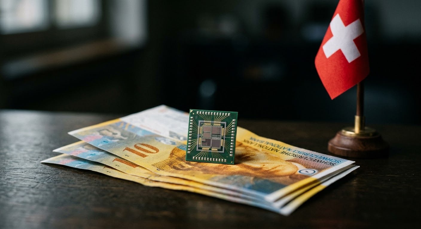 شريحة إلكترونية فوق أوراق نقدية سويسرية ai