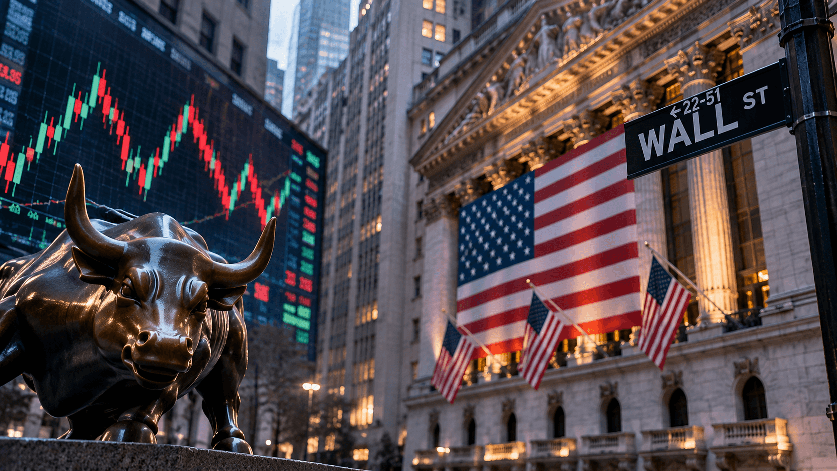 AI-generated illustration of the Wall Street bull, the New York Stock Exchange, American flags, and financial market charts, representing growing risks in US financial markets.