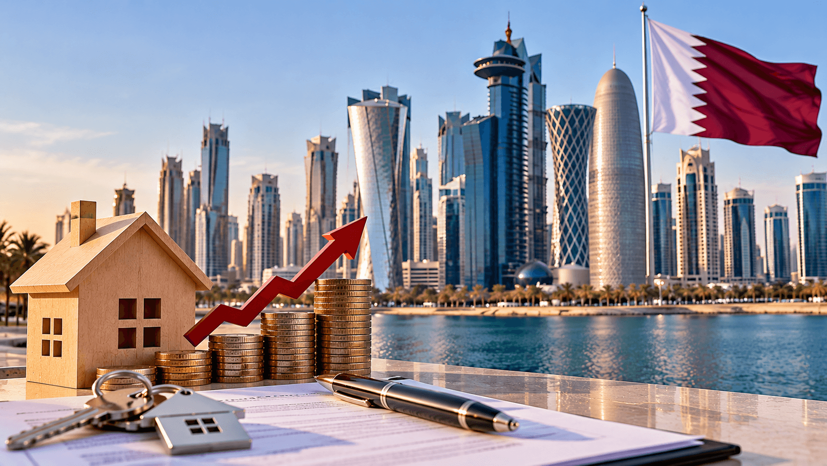 AI-generated illustration of a wooden house model, rising stacks of coins, a red upward arrow, mortgage documents and keys, with the Doha skyline and Qatar flag in the background, symbolizing the increase in real estate mortgages in Qatar.