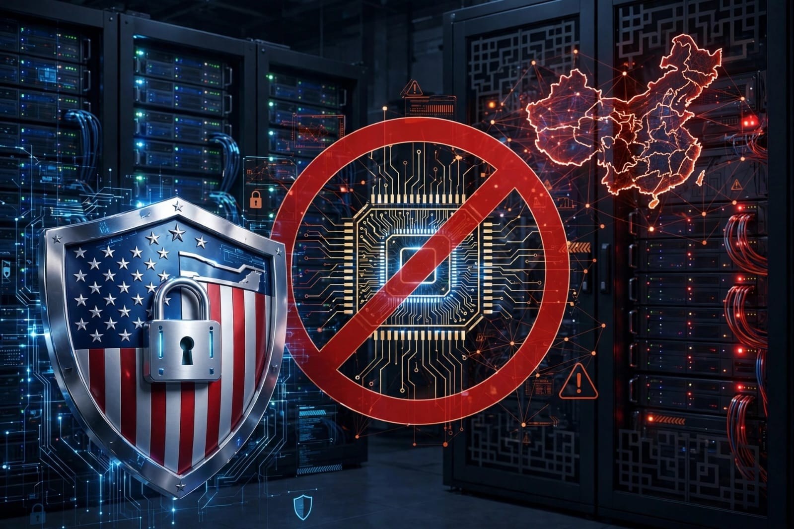 US cybersecurity shield with a padlock blocking a Chinese AI chip, with a glowing map of China and server racks in the background, symbolizing the US ban on DeepSeek AI tools over data security risks.