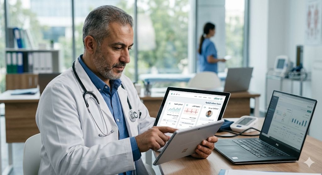 طبيب يستخدم منصة طبية رقمية لعرض معلومات صحية عبر جهاز لوحي ضمن بيئة حديثة