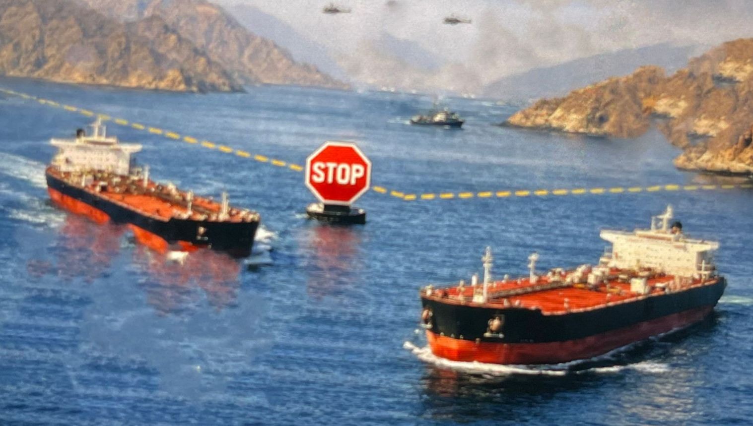 صورة لمضيق هرمز تُظهر الممر البحري بين إيران وسلطنة عُمان الذي تمر عبره ناقلات النفط، مع دلالة على توقف حركة الشحن بسبب التوترات الأمنية