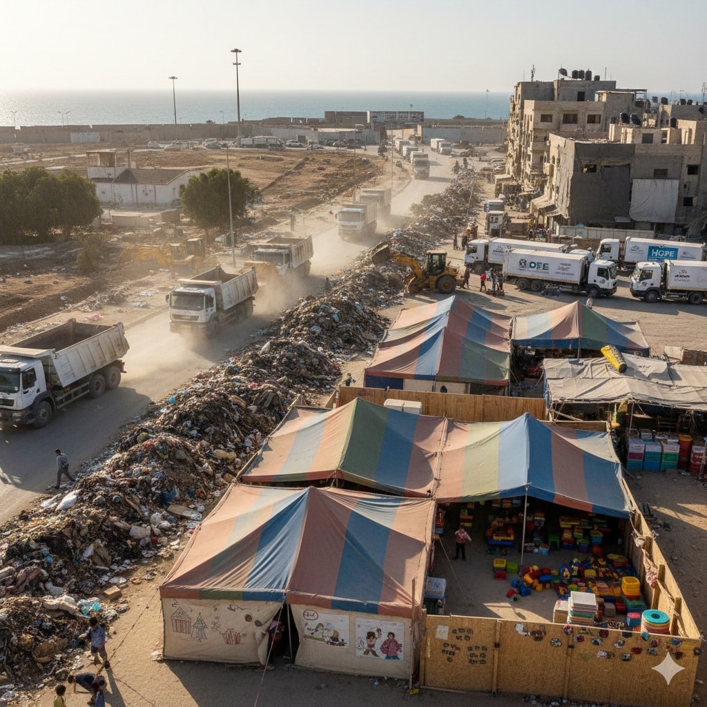 مشهد لجهود التنظيف، مراكز التعليم المؤقتة، وقوافل المساعدات في غزة.(AI)
