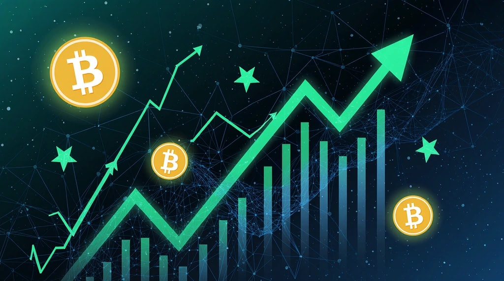 صورة تعكس إرتفاع الأسهم الأميركية وإنتعاش بيتكوين (ai)