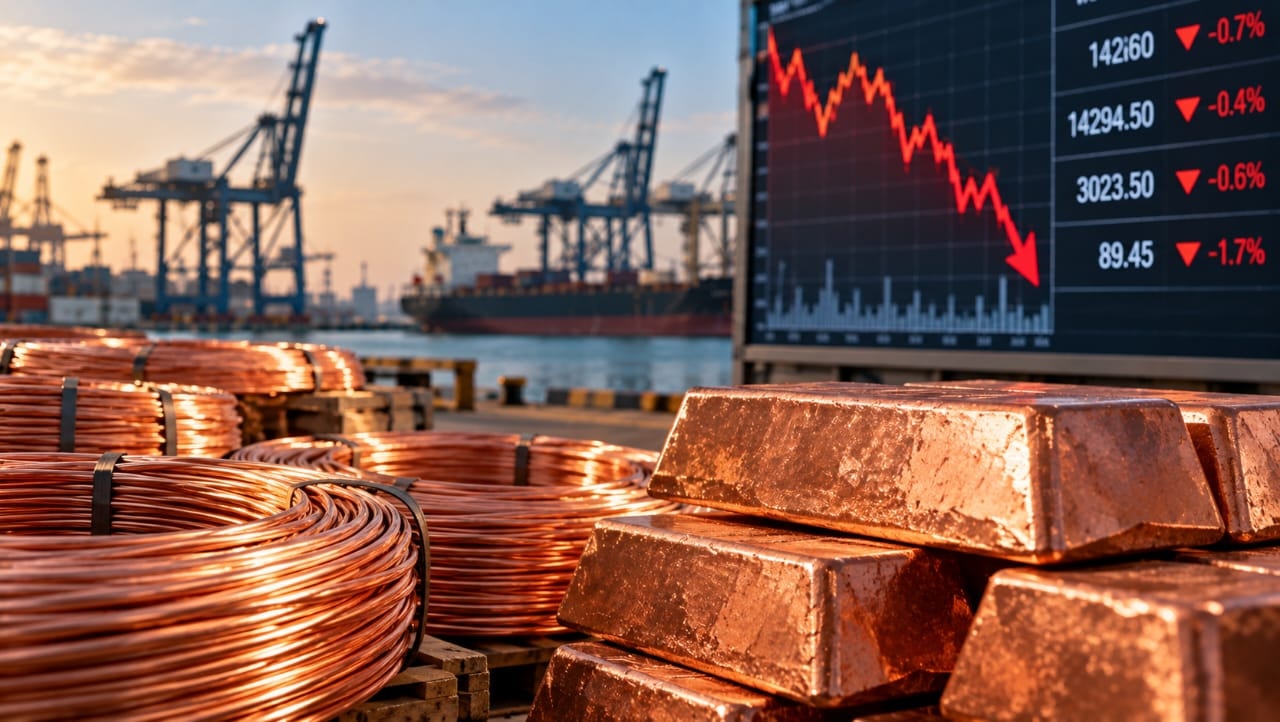 AI-generated illustration of copper coils and ingots at an industrial port, with a financial market screen displaying declining prices, symbolizing falling copper prices amid a global technology stock selloff.