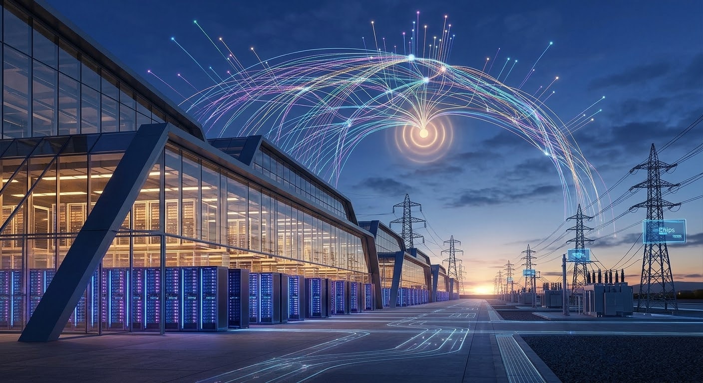 A futuristic high-tech data center facility at dusk, showing glowing server racks inside a glass building connected to power transmission towers and abstract digital network lines spanning the sky, with no people present.