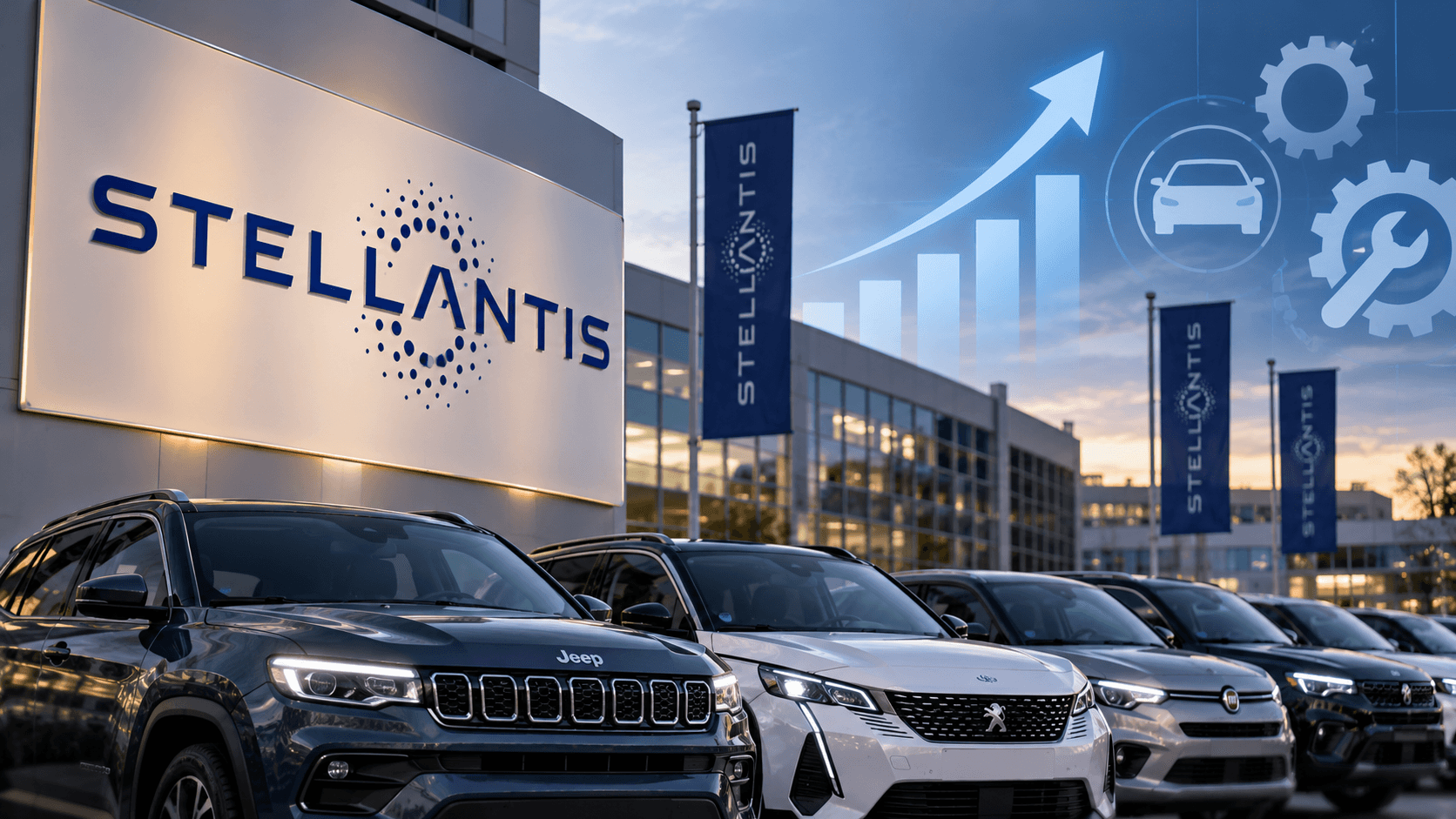 AI-generated illustration of Stellantis vehicles, including Jeep, Peugeot and Fiat models, outside a company facility, with an upward chart symbolizing improved quality and cost savings.