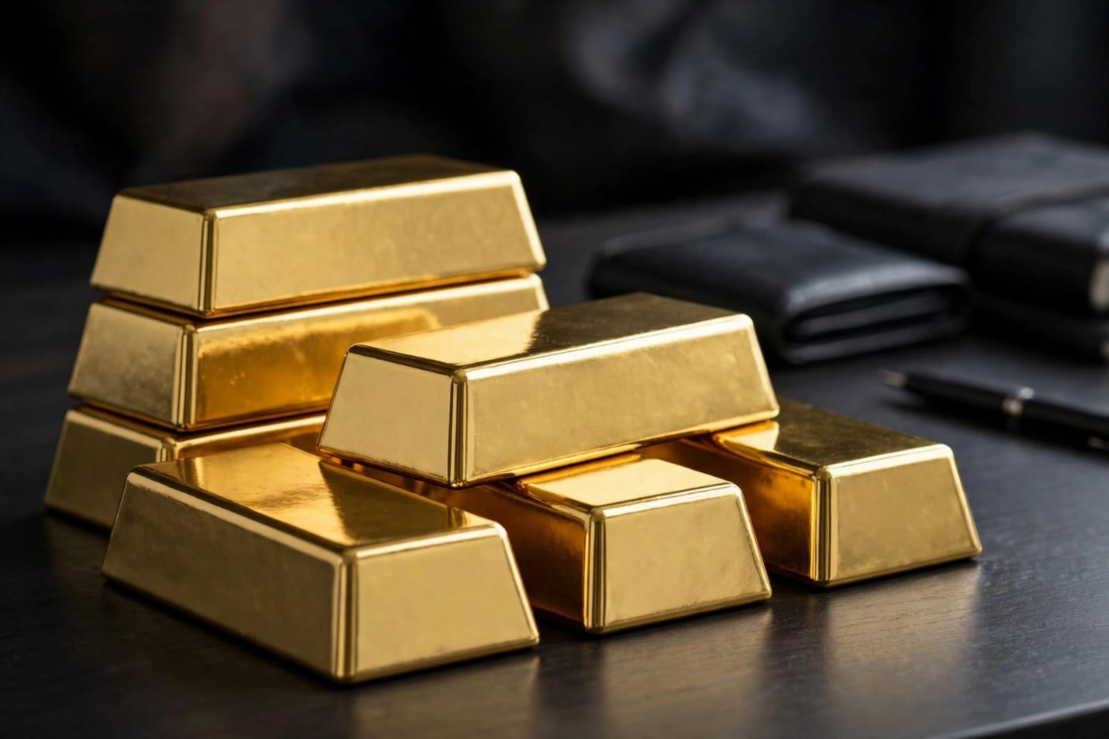 Stacked gold bars on a dark table reflecting stability in global gold prices .