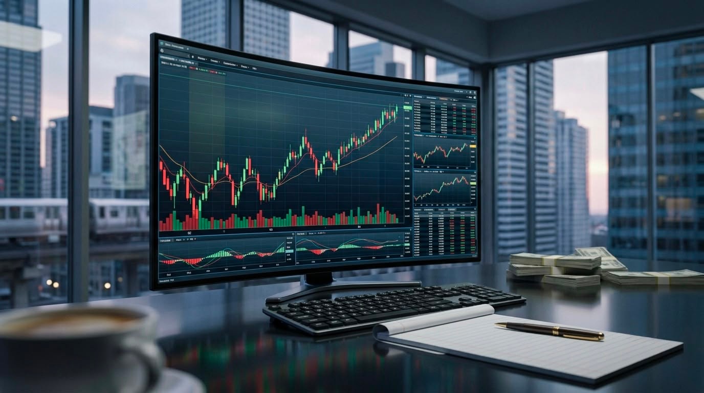 شاشة تعرض مؤشرات وتحركات في سوق الأسهم ai