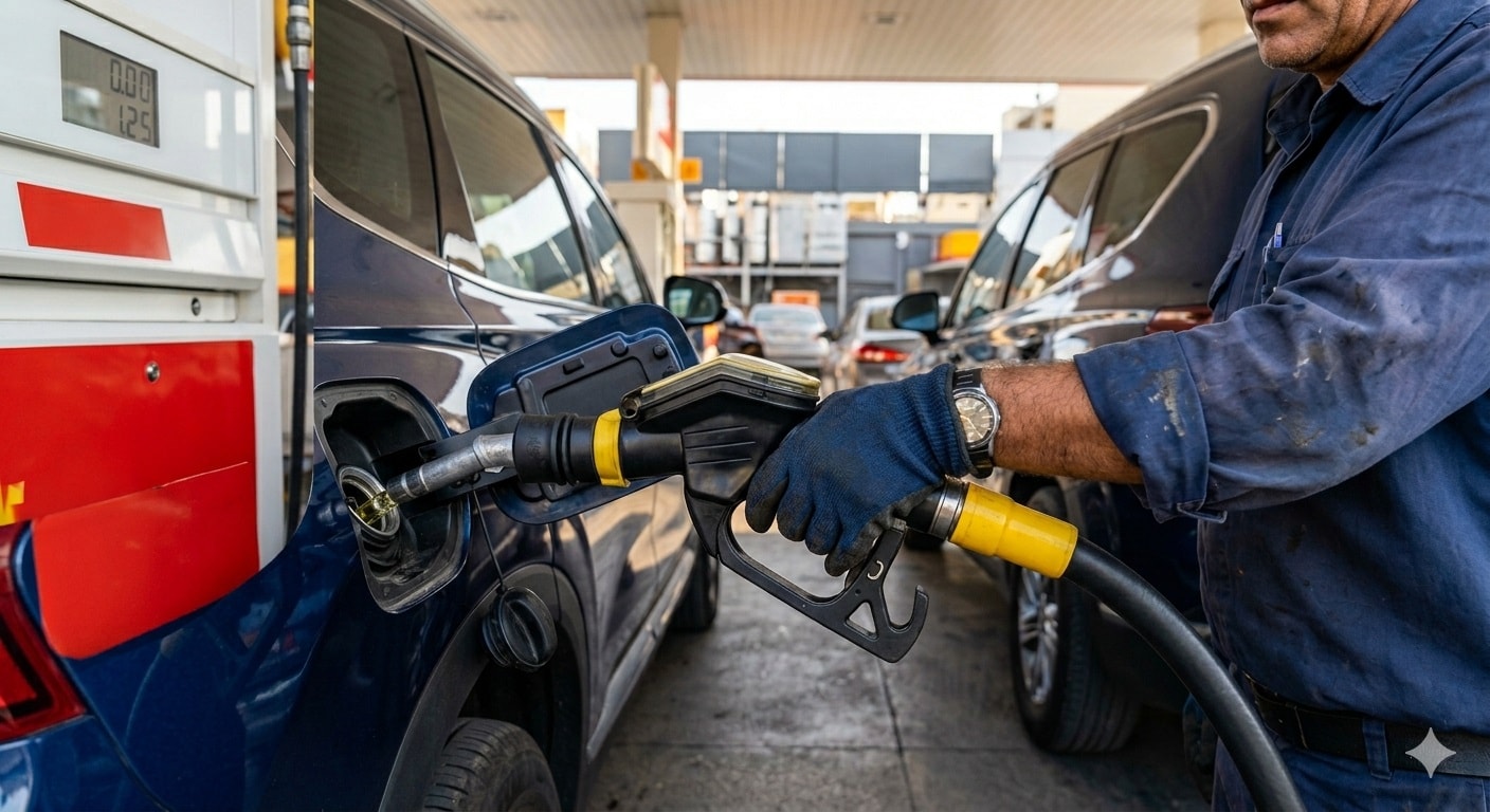 A close-up shot of a gas station worker’s hand, wearing a blue protective glove, holding a fuel nozzle and pumping gasoline into the tank of a dark blue car. The scene takes place outdoors at a gas station with numbers visible on the pump's digital screen and other vehicles in the background.