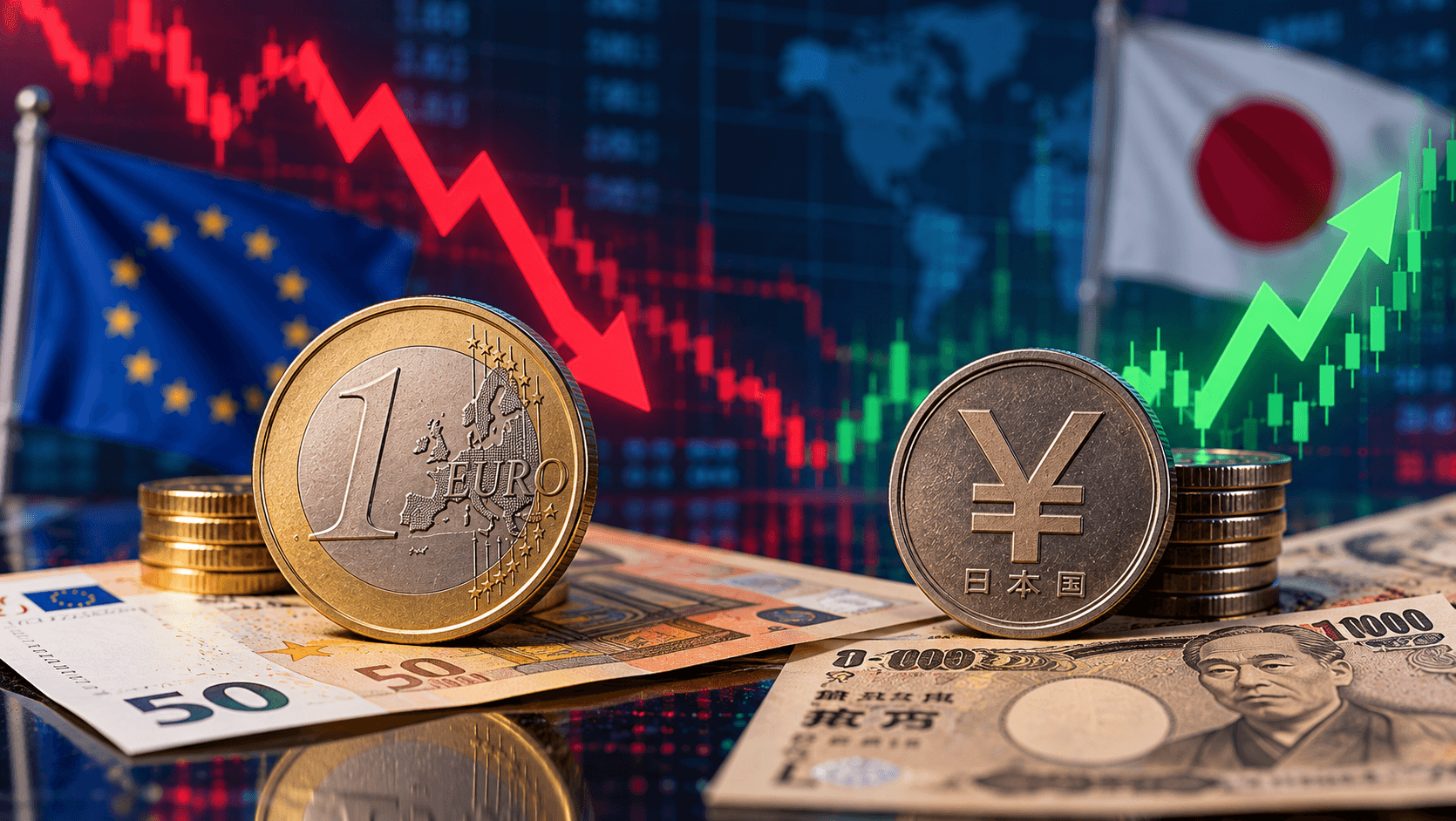AI-generated illustration of euro and Japanese yen coins and banknotes, with a red downward arrow representing the euro's decline and a green upward arrow symbolizing the yen's gains, against a financial market background.