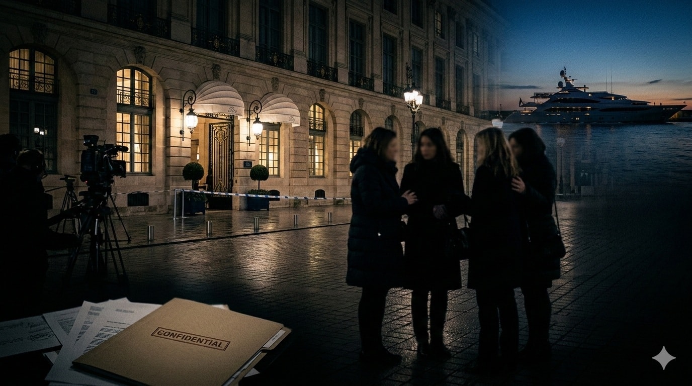 صورة استقصائية لملفات تحقيق فرنسي أمام فندق ريتز باريس تكشف تفاصيل شبكة محمد الفايد المتهمة في قضايا اعتداء جنسي واتجار بالضحايا. (AI)