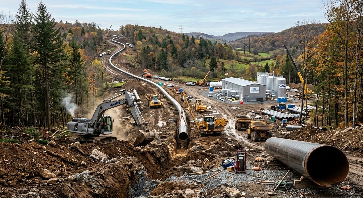 An aerial view of the Constitution Pipeline construction site cutting through a forested landscape in New York, featuring heavy machinery, trenches, and large steel pipes without any people or text.