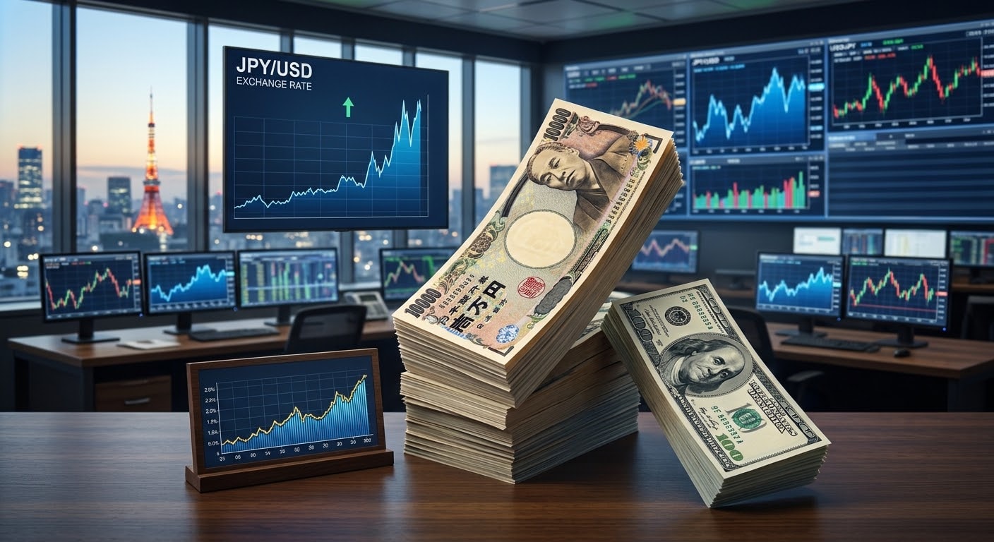 A financial trading desk overlooking the Tokyo skyline with currency banknotes and trading charts displayed on monitors.