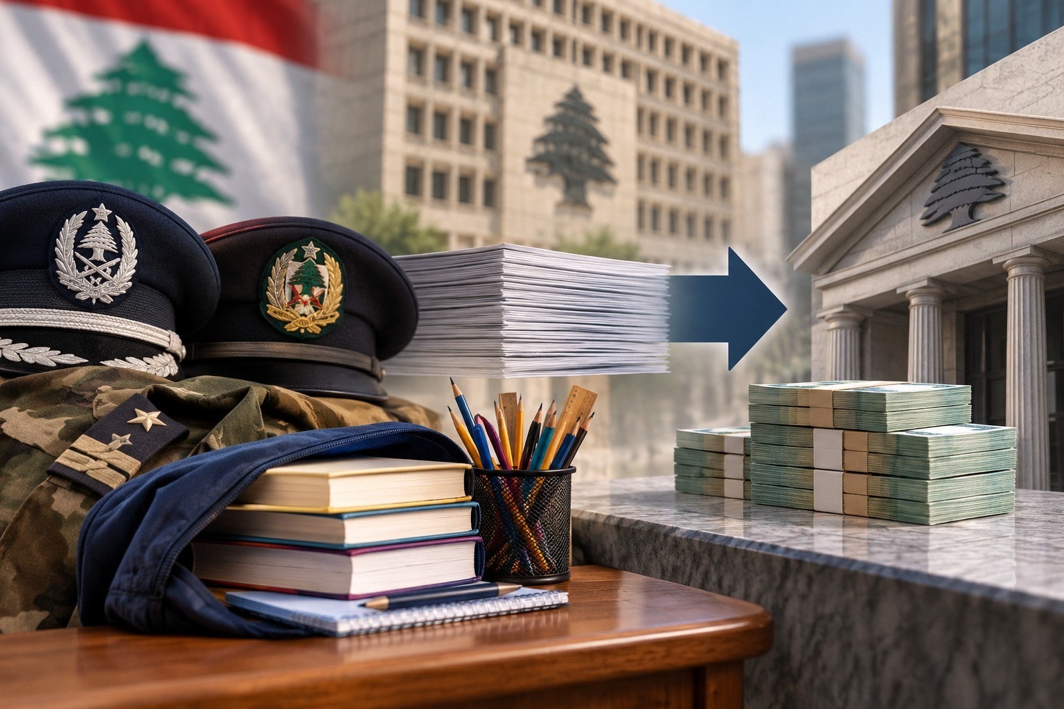 صورة تعبر عن تحويل المساعدات المدرسية لمتقاعدي قوى الأمن الداخلي والأمن العامAi