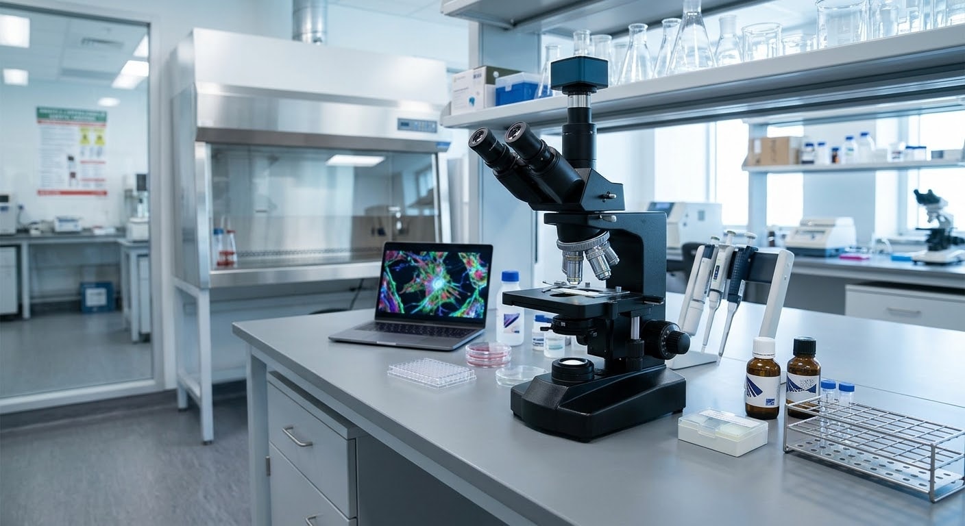 A modern medical research laboratory featuring a black microscope, scientific glassware, and a laptop displaying a colorful microscopic cellular image on a clean lab bench, with no people present.