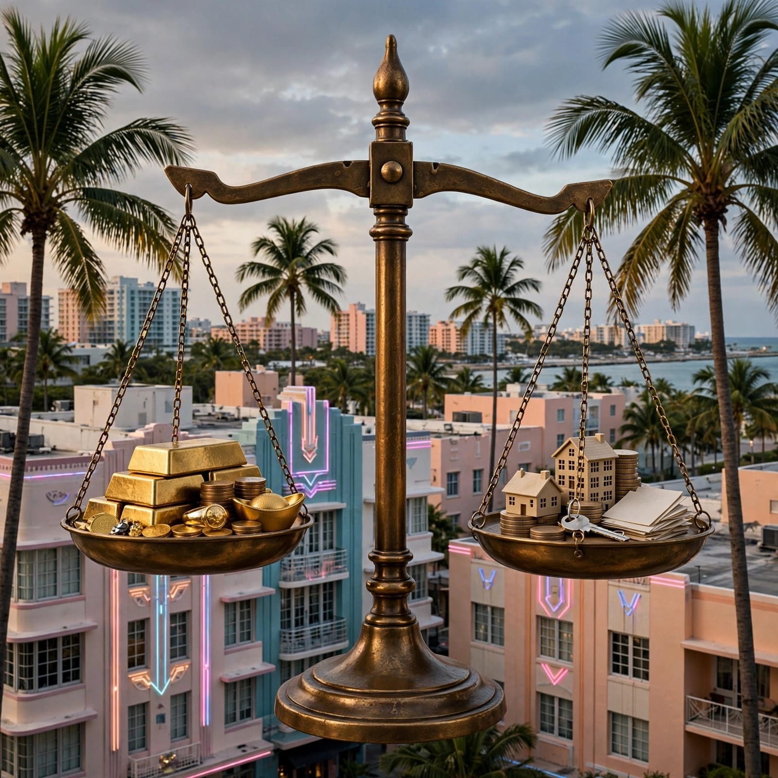 A bronze justice scale over a Florida skyline, balancing gold bars on one side against small houses on the other.